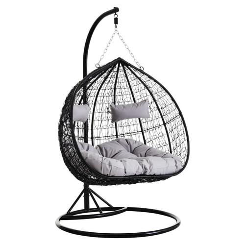 Goa Black Rattan Effect Double Hanging Chair With Grey Cushions | Kaiku