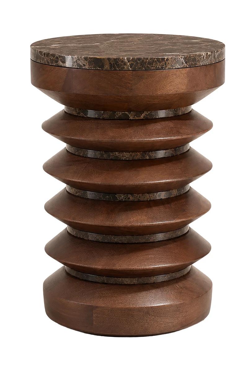 Barola Round Brown Marble and Mango Wood Carved Side Table | Kaiku