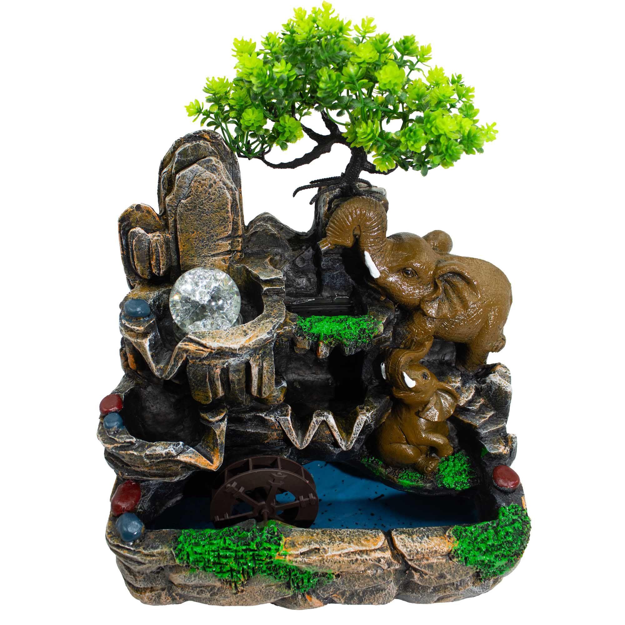 Elephants in Love Tabletop Water Feature with Crystal Ball, Light & Watermill | Kaiku
