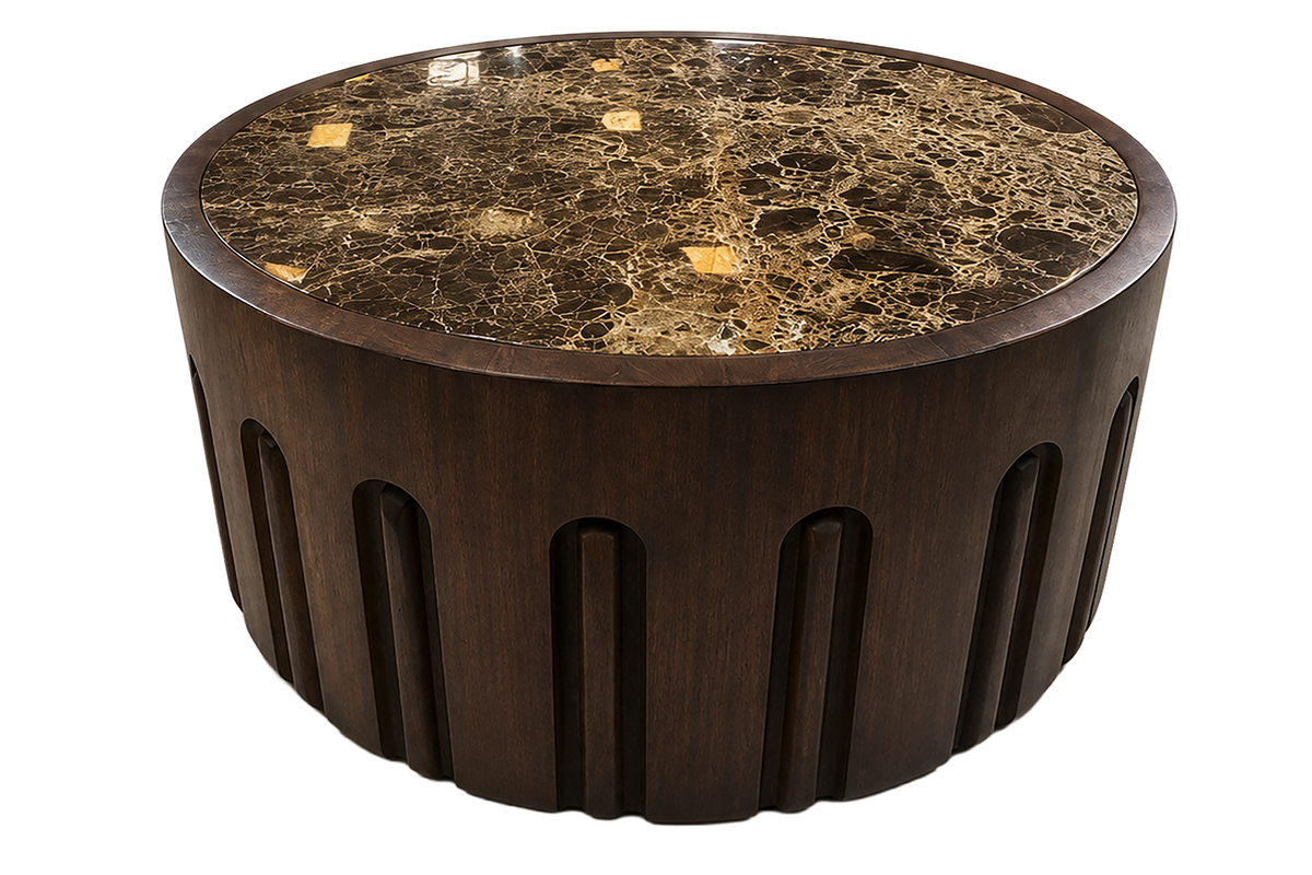 Barola Round Brown Marble and Dark Mango Wood Carved Coffee Table | Kaiku