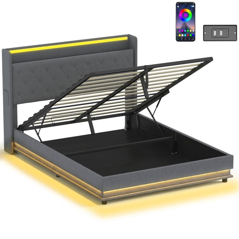 5ft King Bed Frame with Hydraulic Storage and LED Lighting, Grey | Kaiku