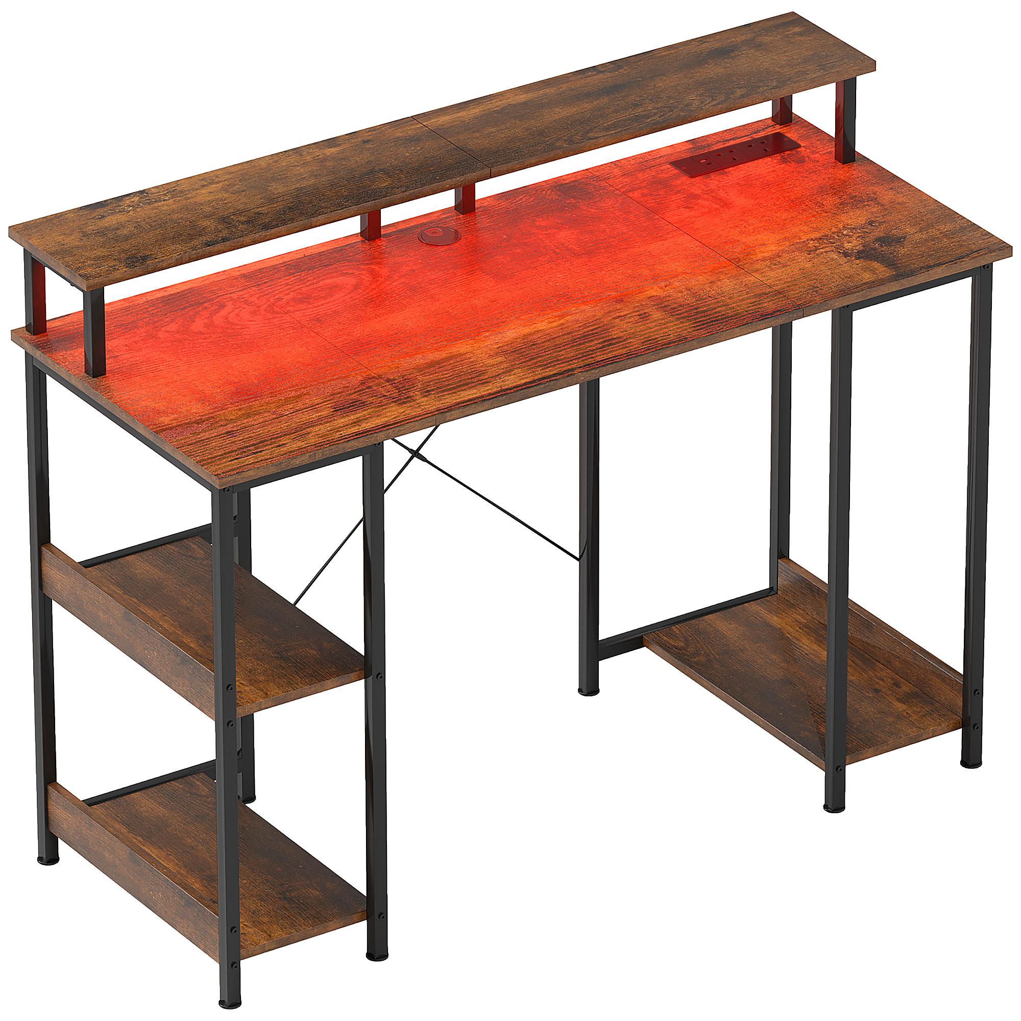 LED Computer Desk with Power Outlets, Rustic Brown | Kaiku