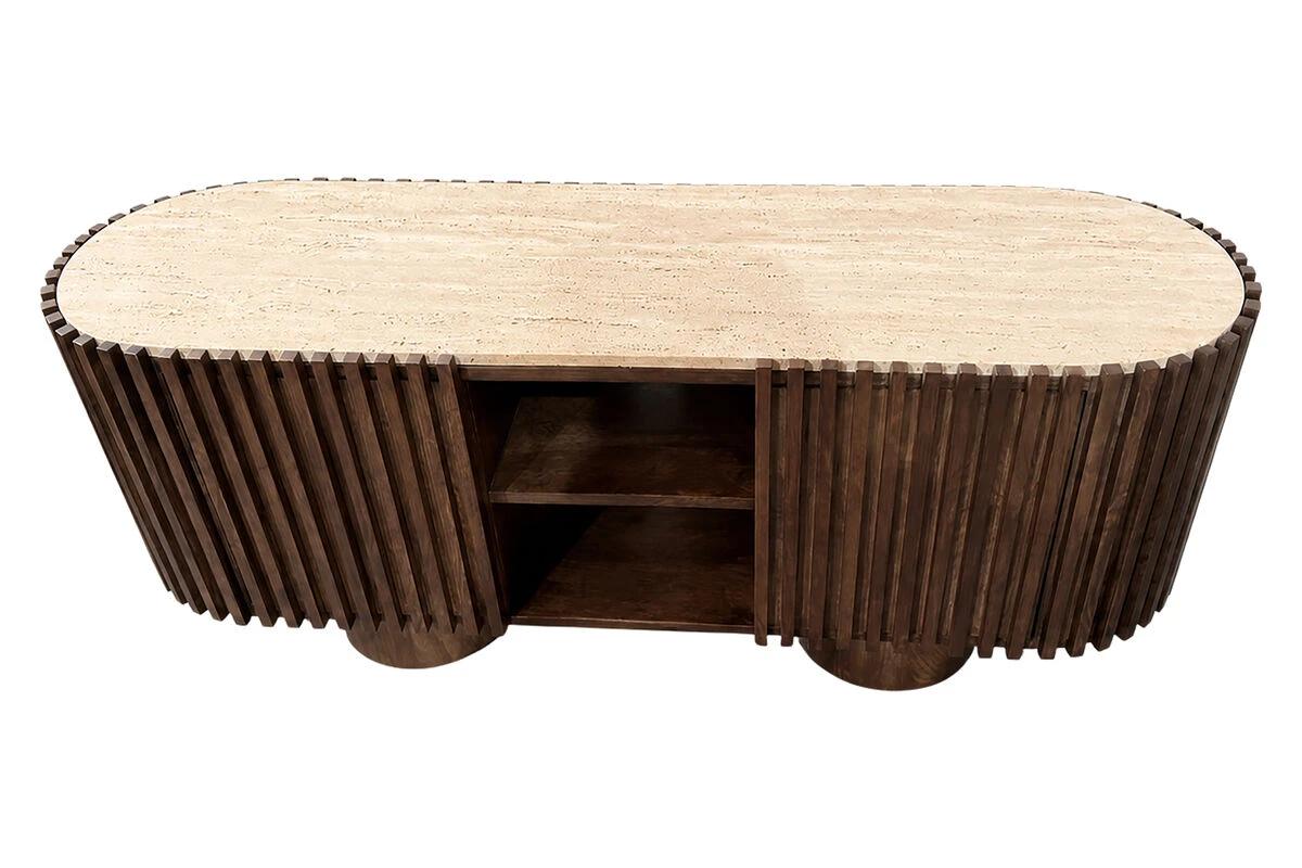 Babel Travertine and Mango Wood Curved Media Unit | Kaiku