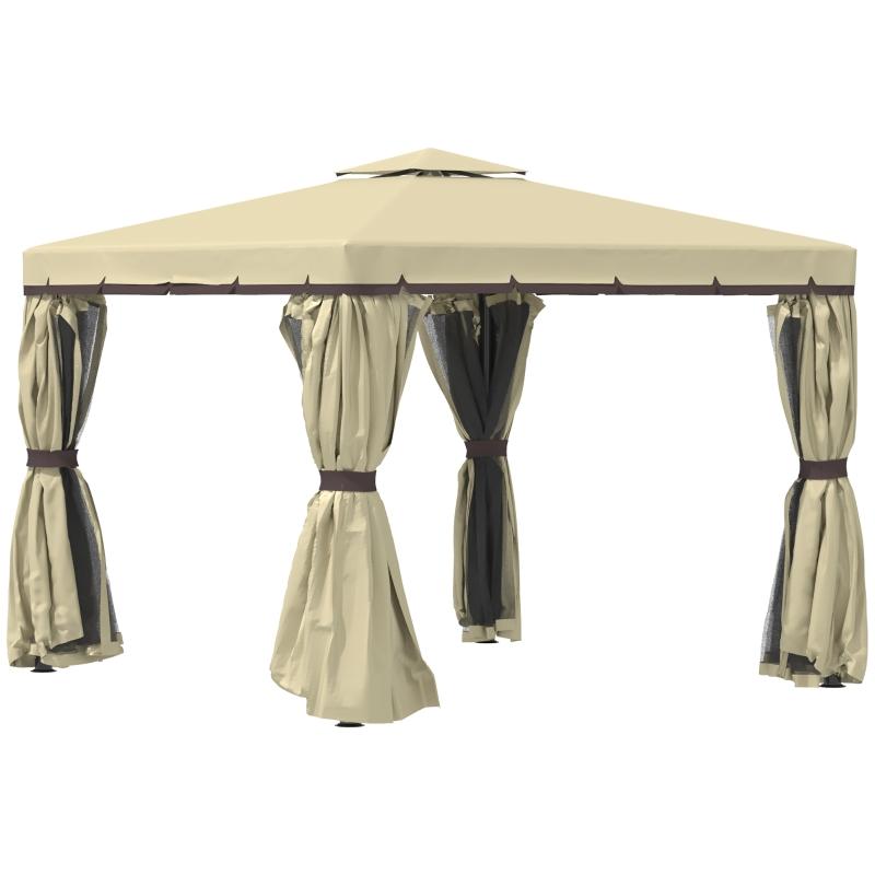 Two-Tier Patio Gazebo with Netting and Curtains, Beige | Kaiku