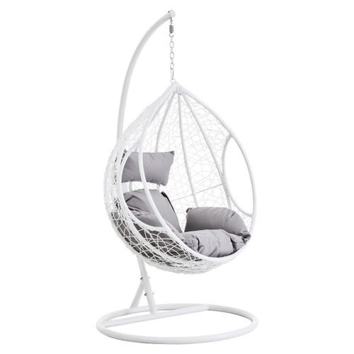 Goa White Rattan Effect Hanging Chair with Grey Cushions | Kaiku