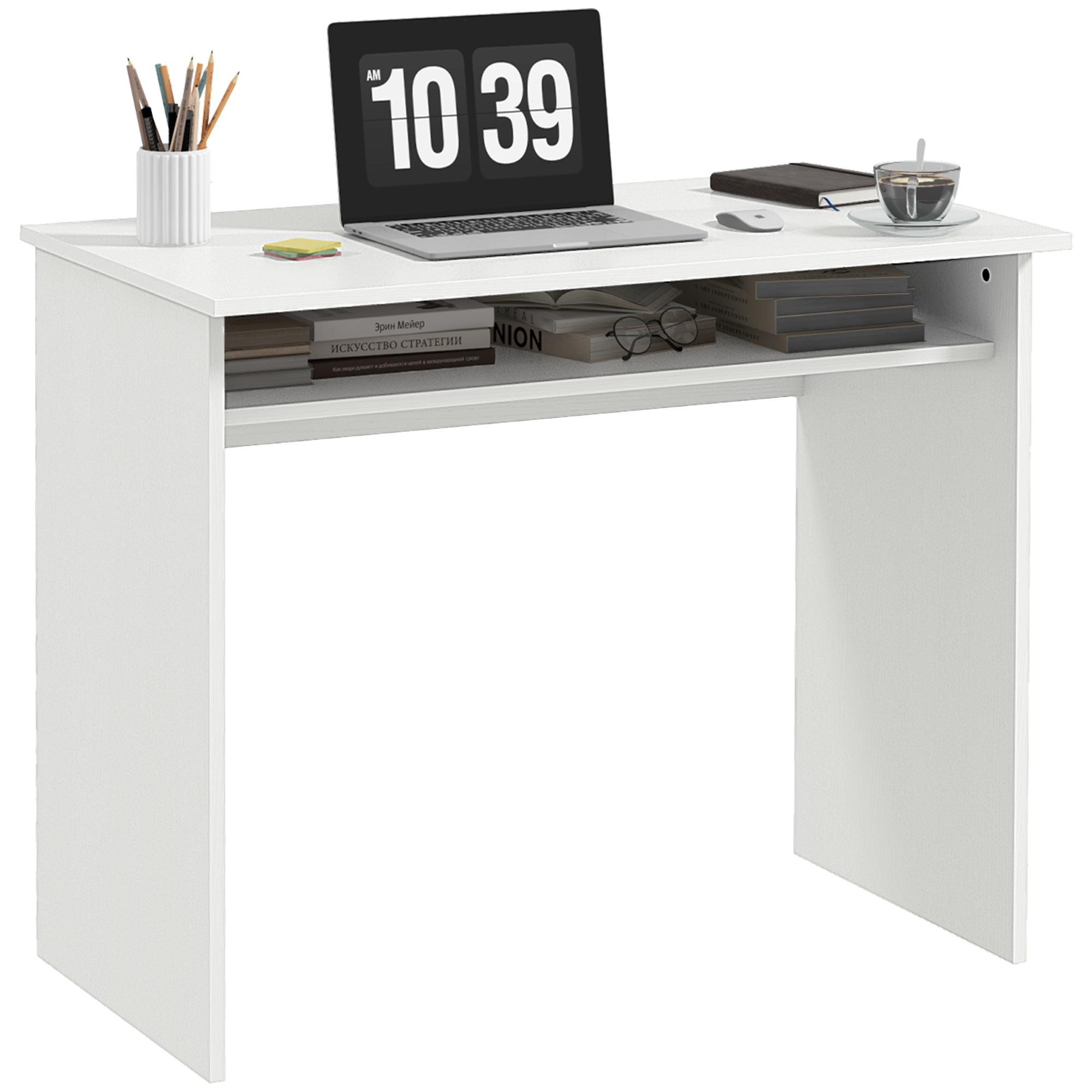 Modern Writing Desk with Storage Shelf, White Wood Grain | Kaiku