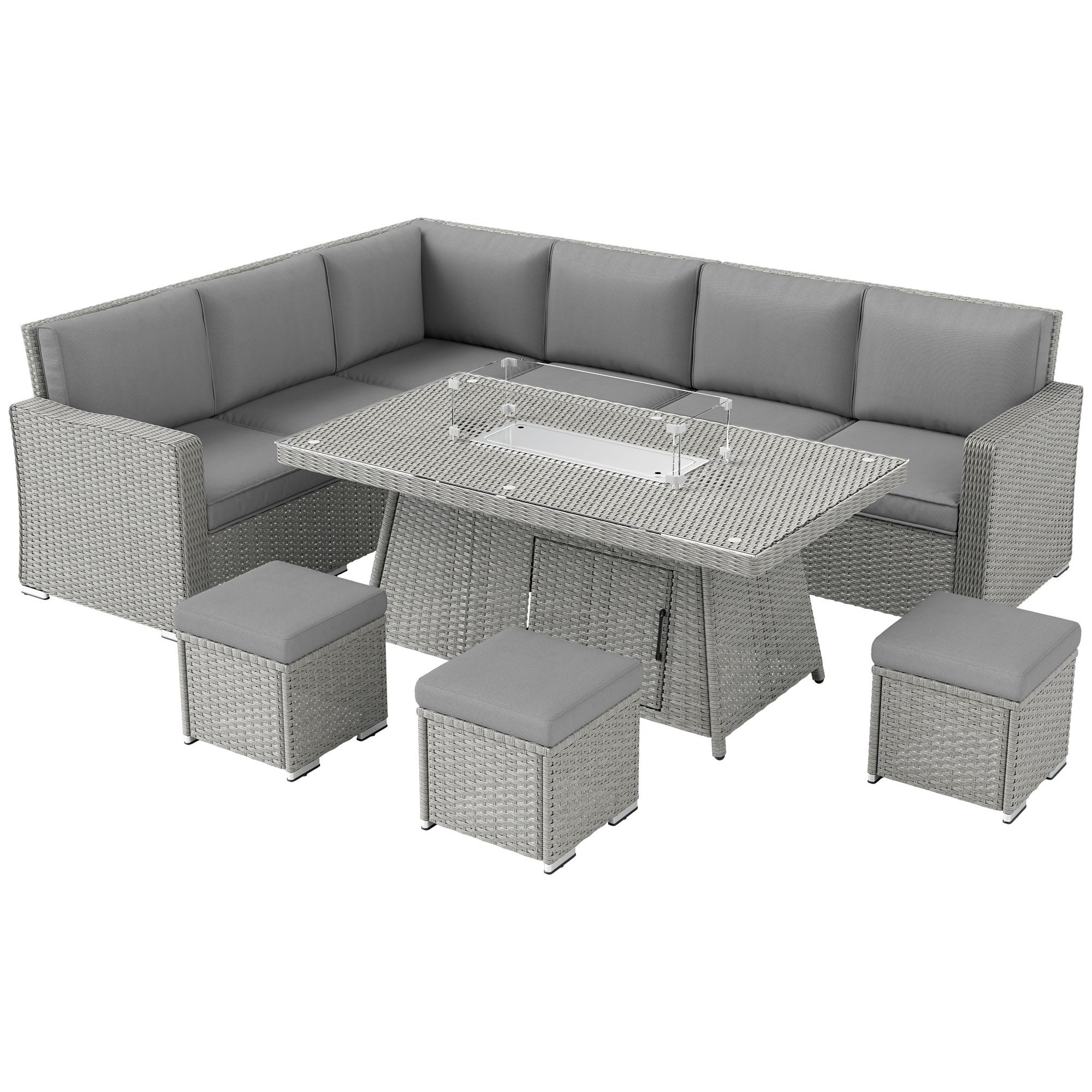7-Piece Rattan Sofa Set with Fire Pit Table, Grey | Kaiku