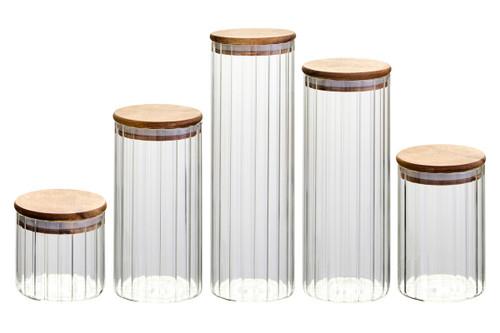 Freska Set of Five Ribbed Round Clear Glass Jars with Acacia Wood Lids | Kaiku