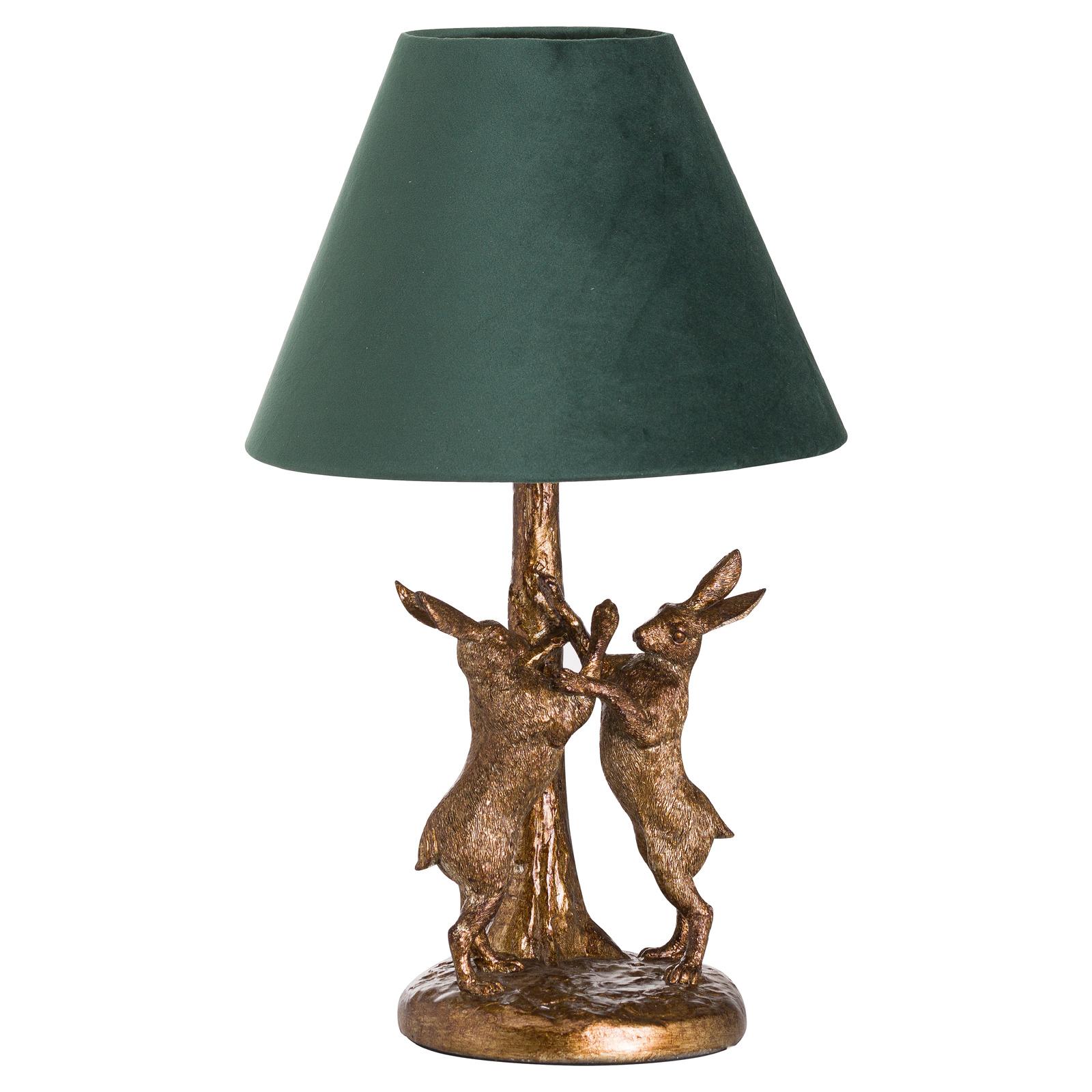 Antique Gold Marching Hares Lamp With Green Velvet Shade | Kaiku