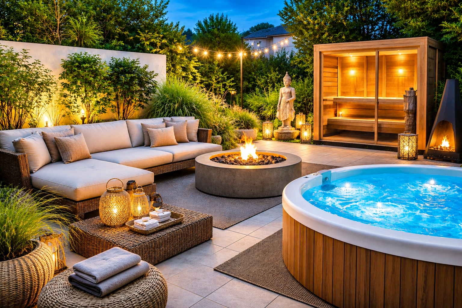 A lit garden terrace at dusk
