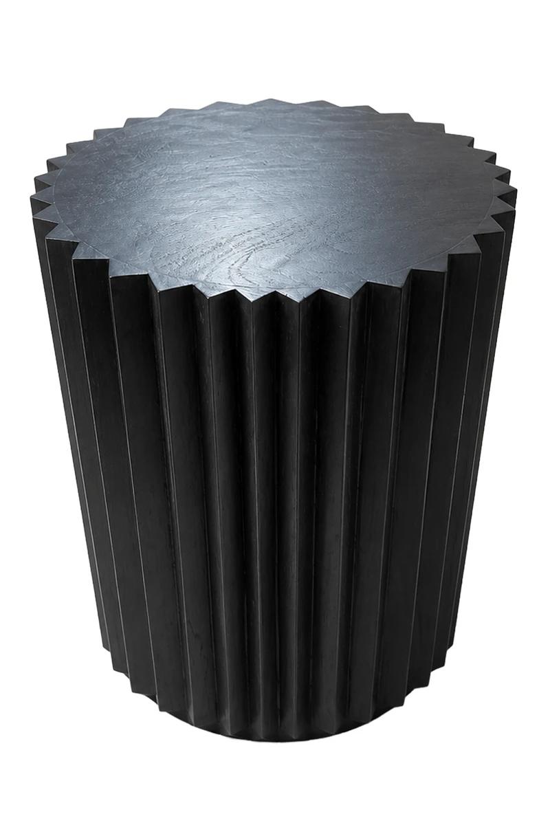 Barto Round Black Mango Wood Carved Ridge Side Table and Stool | Kaiku