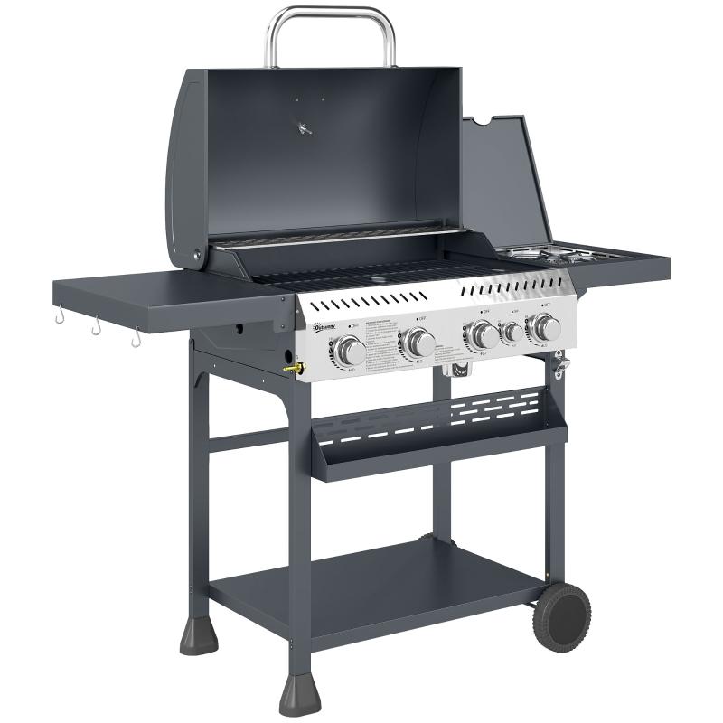 Five-Burner Steel Gas Barbecue with Thermometer, Black | Kaiku