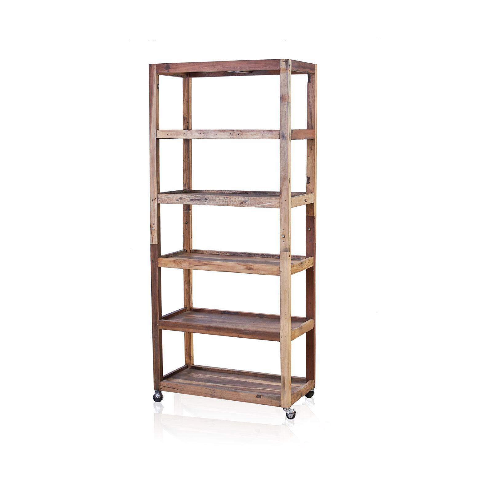 Reclaimed teak six-shelf display unit on castors, front view on a white background