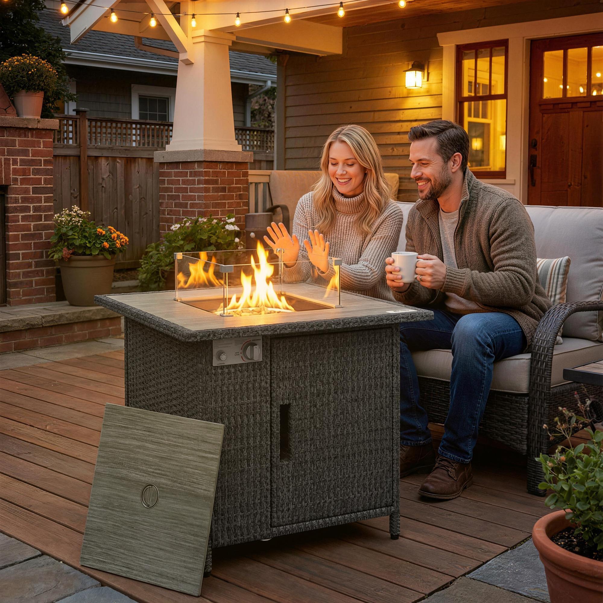 14.5kW Rattan Gas Fire Pit Dining Table, Dark Grey | Kaiku