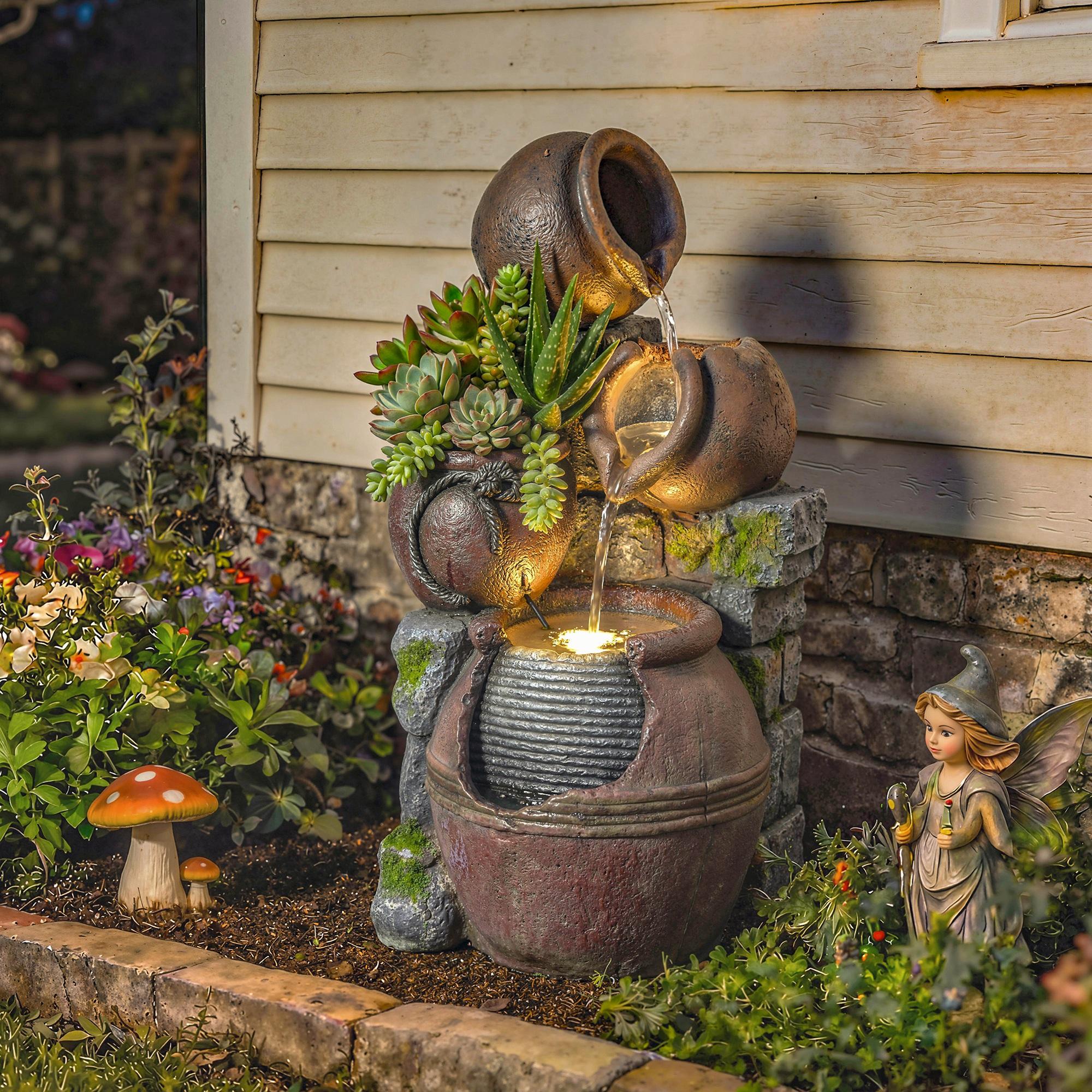 Four-Tier Rustic Pot Fountain with Planter, Rustic Brown | Kaiku