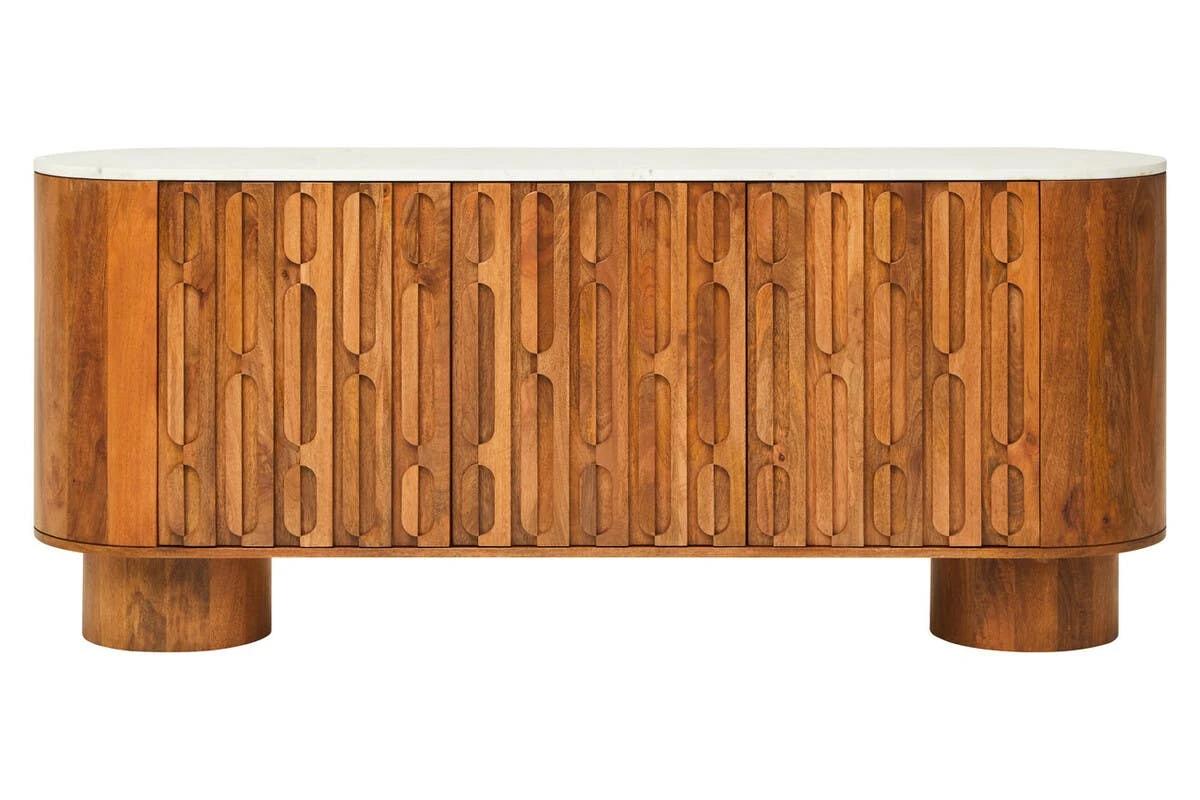 Torcino Mango Wood Carved Design Marble Top Three Door Sideboard | Kaiku