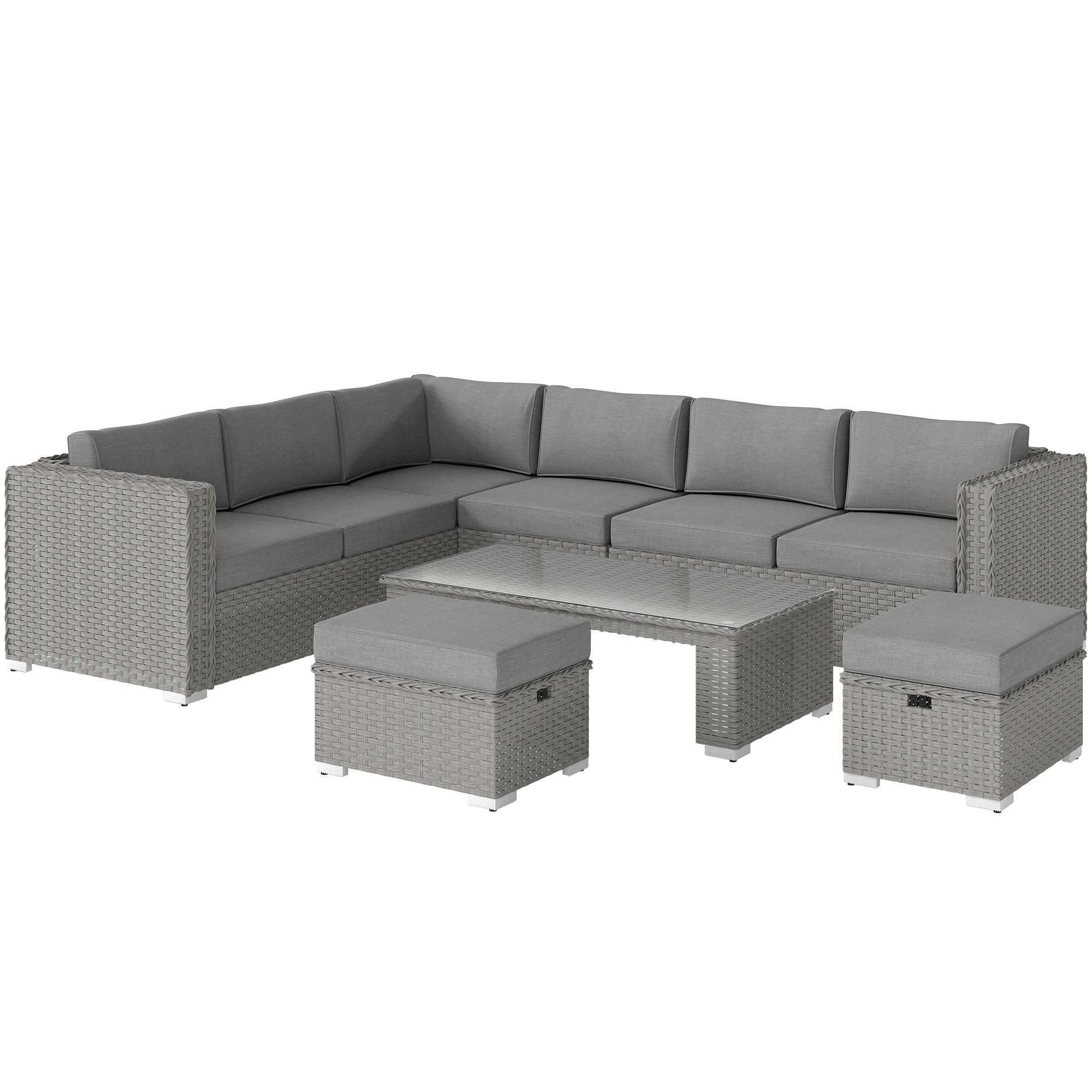 6-Piece Rattan Corner Sofa Set with Glass-Top Table, Grey | Kaiku