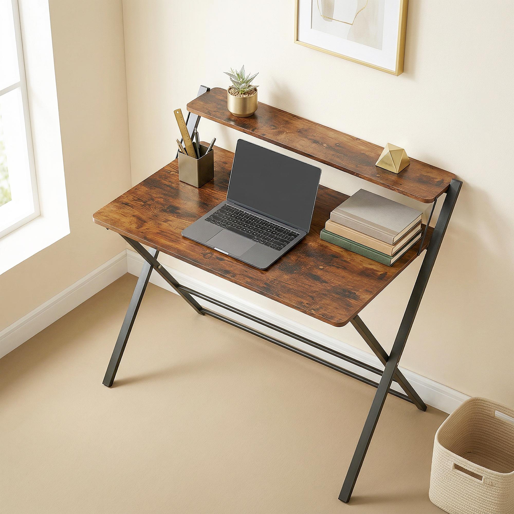 Compact Folding Desk with Storage Shelf, Rustic Brown | Kaiku