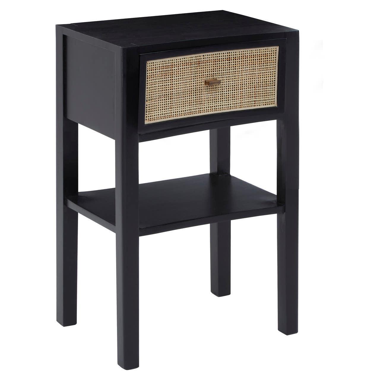 Corso Black Bedside Table with Rattan Drawer | Kaiku