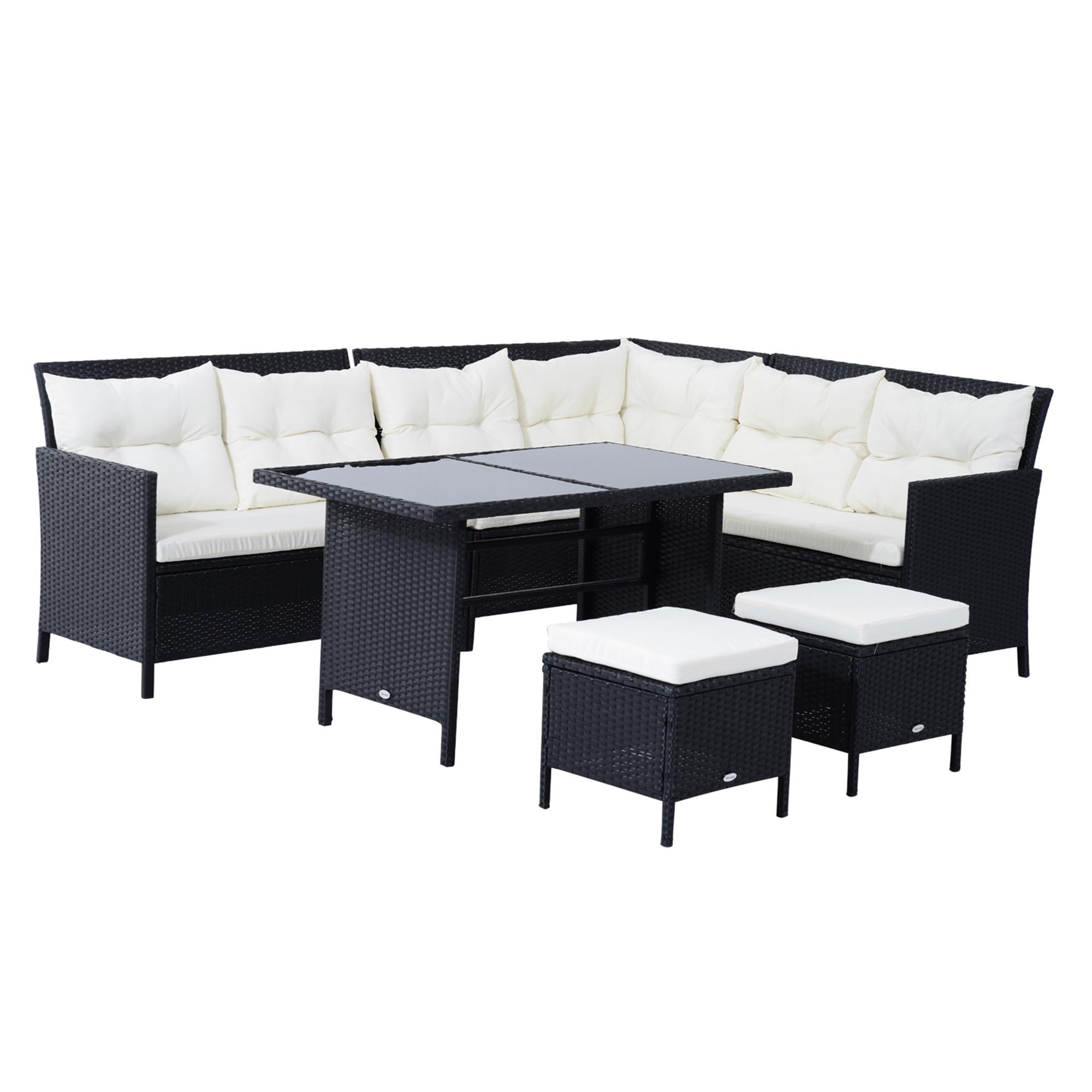 8-Seater Rattan Corner Dining Set with Footstool, Black | Kaiku