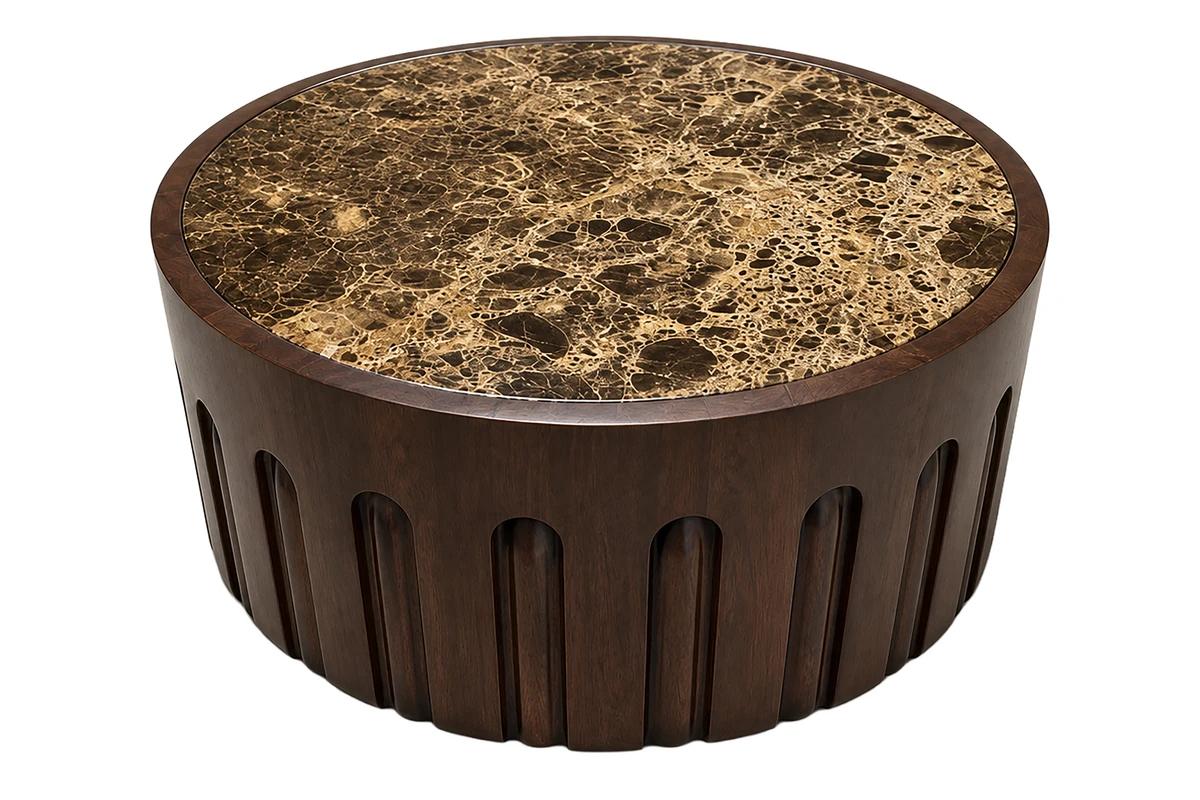 Barola Round Brown Marble and Dark Mango Wood Carved Coffee Table | Kaiku