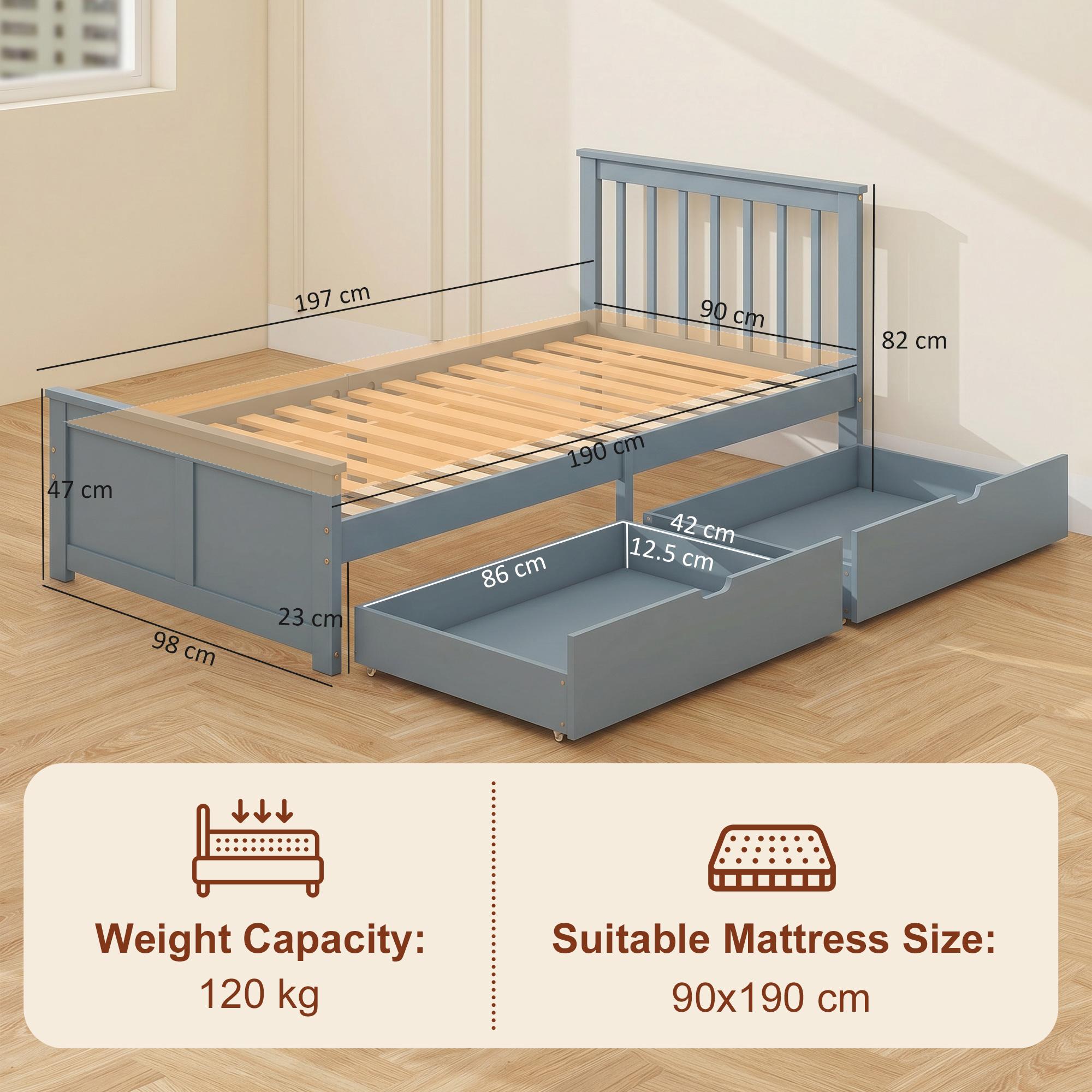 3ft Single Pine Storage Bed with Drawers, Grey | Kaiku