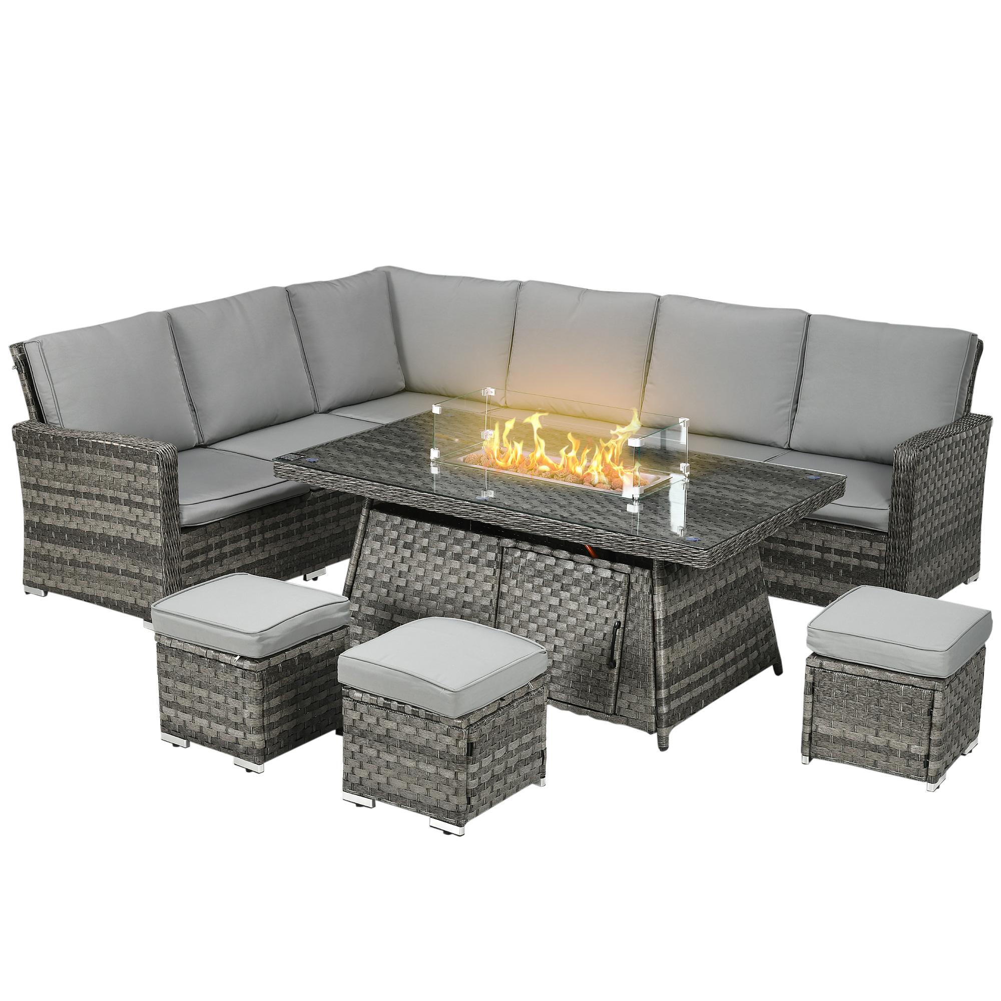 All-Season Rattan Sofa Set with 50,000 BTU Fire Table, Grey | Kaiku
