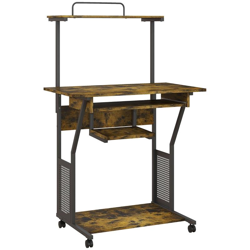 Multi-Storage Work Desk with Sliding Keyboard Tray, Brown | Kaiku