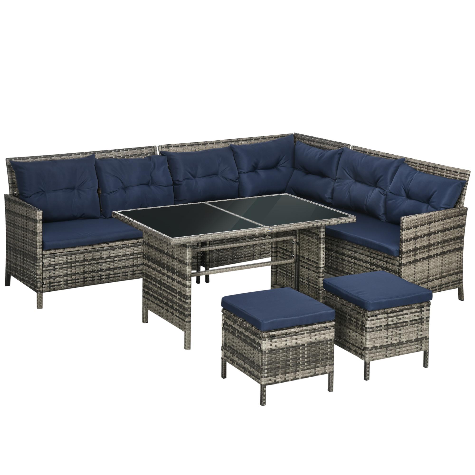 7-Seater Rattan Sofa Set with Glass-Top Table, Dark Blue | Kaiku