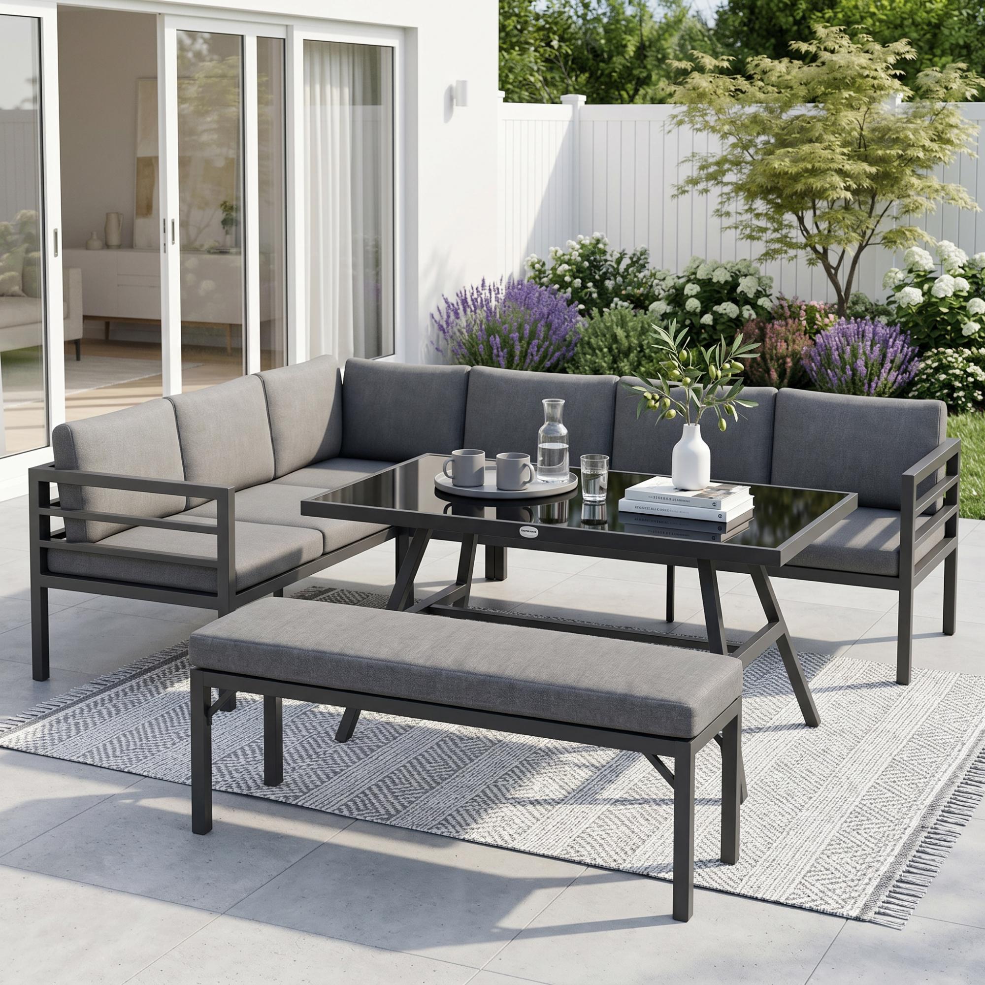 L-Shaped 8-Seater Aluminium Garden Dining Set with Bench, Grey | Kaiku