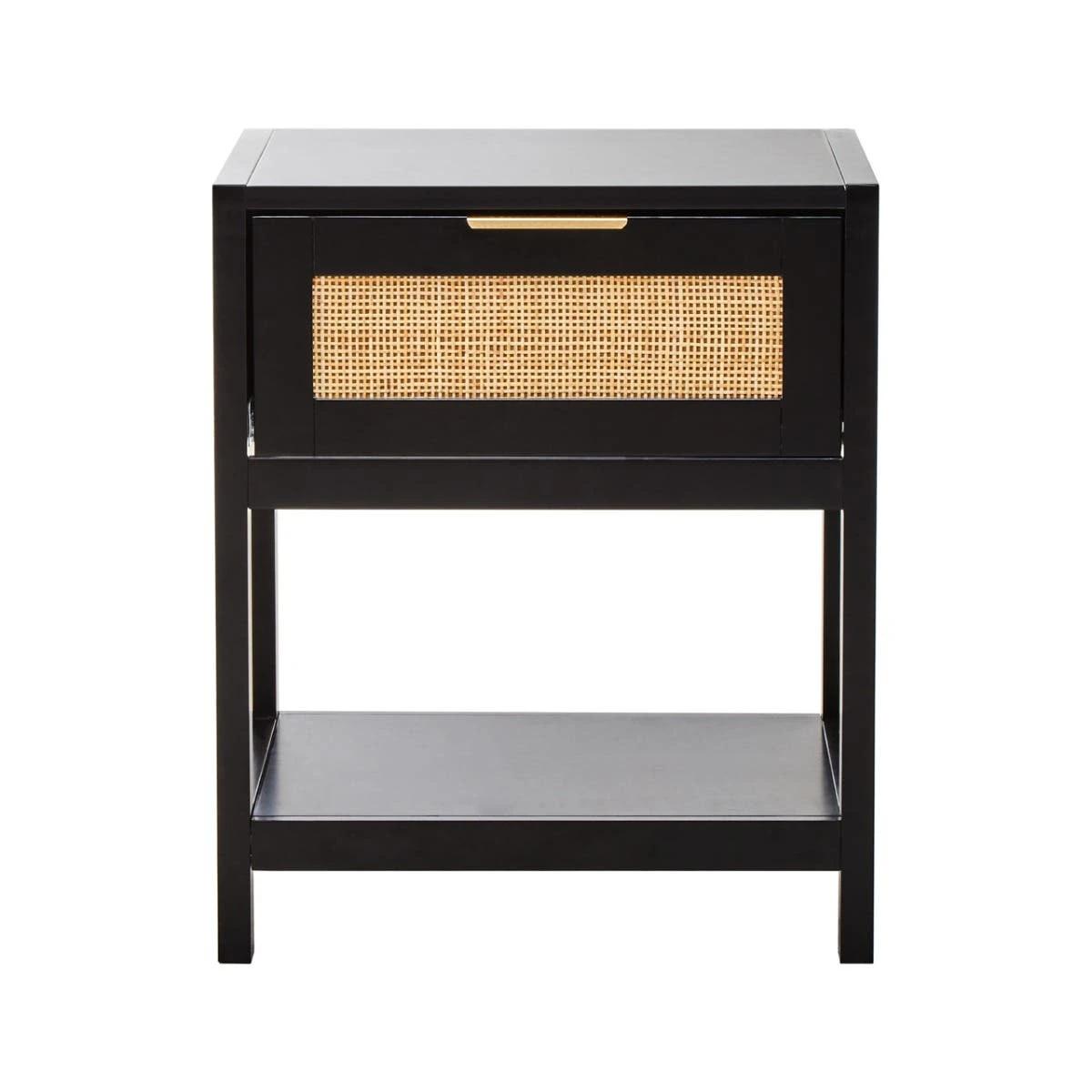 Sherman Black Finish and Natural Rattan One Drawer Bedside Table | Kaiku