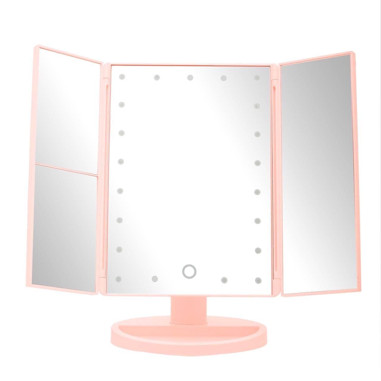 Cassini Tri Fold Illuminated Pink LED Table Mirror | Kaiku