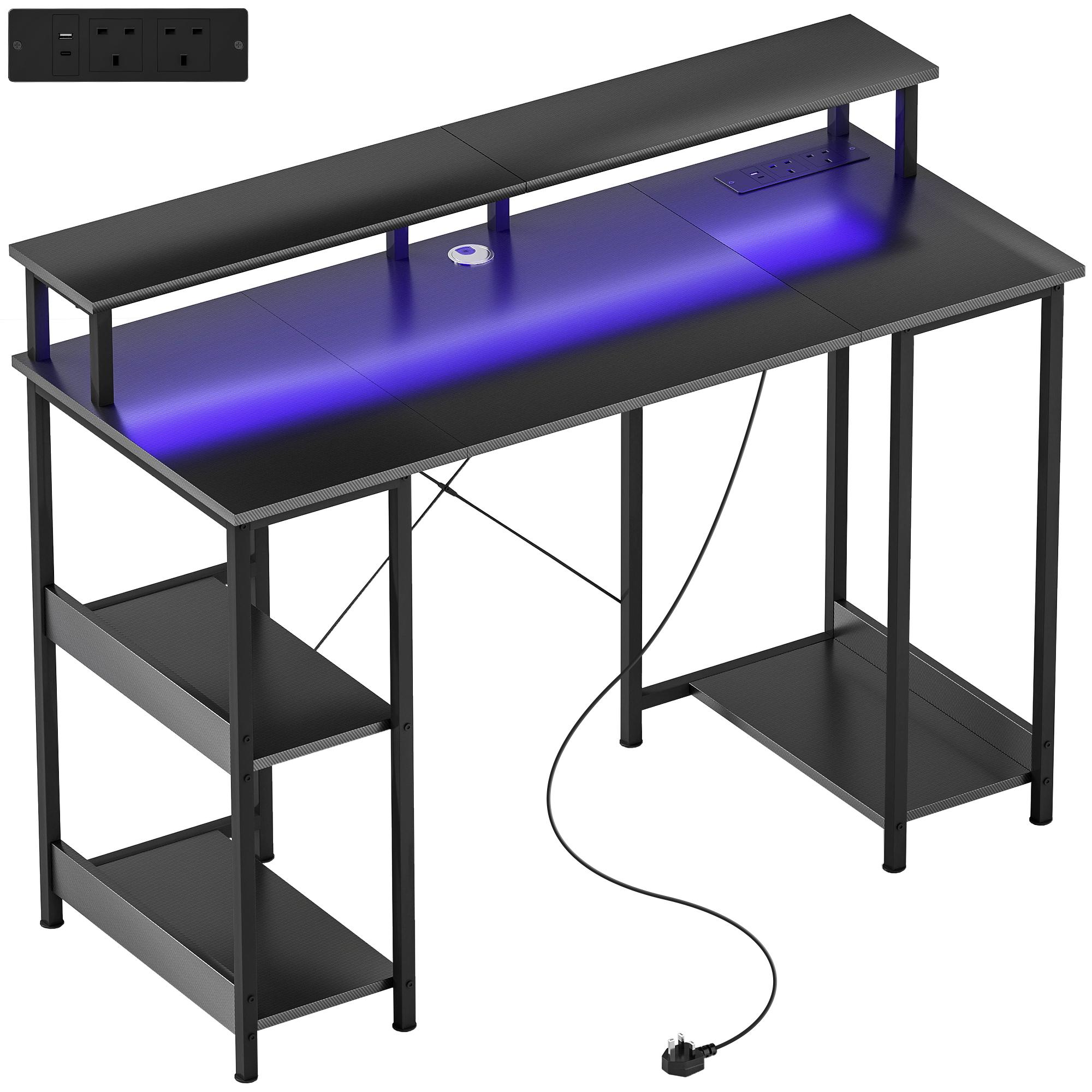 LED Computer Desk with Power Outlets, Carbon Fibre Grey | Kaiku