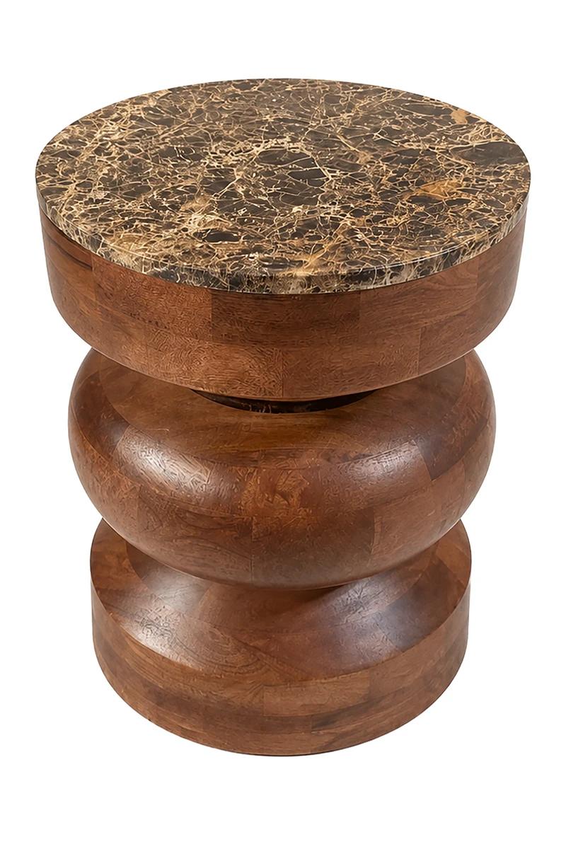 Barola Round Brown Marble and Mango Wood Carved Tiered Side Table | Kaiku