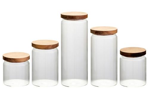 Freska Set of Five Ribbed Round Glass Jars with Acacia Wood Lids | Kaiku