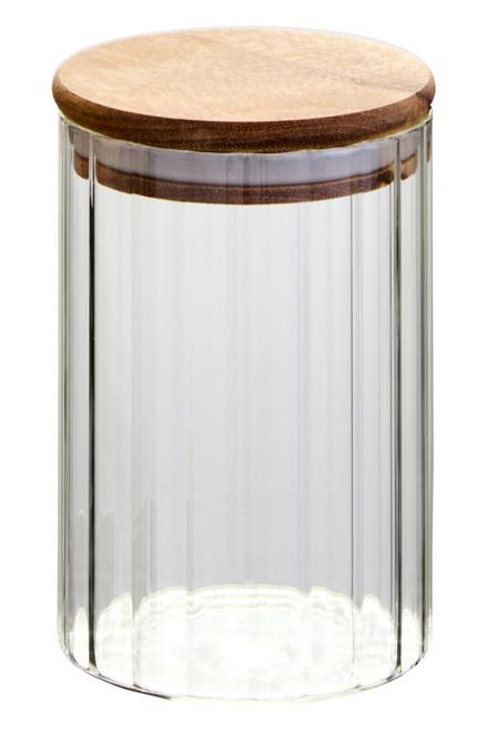 Freska Ribbed Round Glass Jar with Acacia Wood Lid 550ml | Kaiku