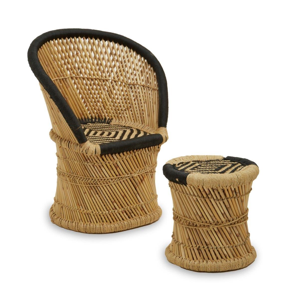 Rowan Natural And Black Woven Bamboo Chair And Stool Set | Kaiku