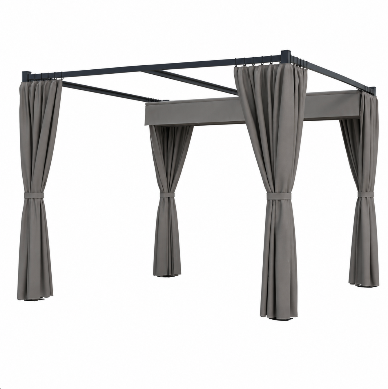 Metal Pergola with Sliding Canopy and Curtains, Grey | Kaiku