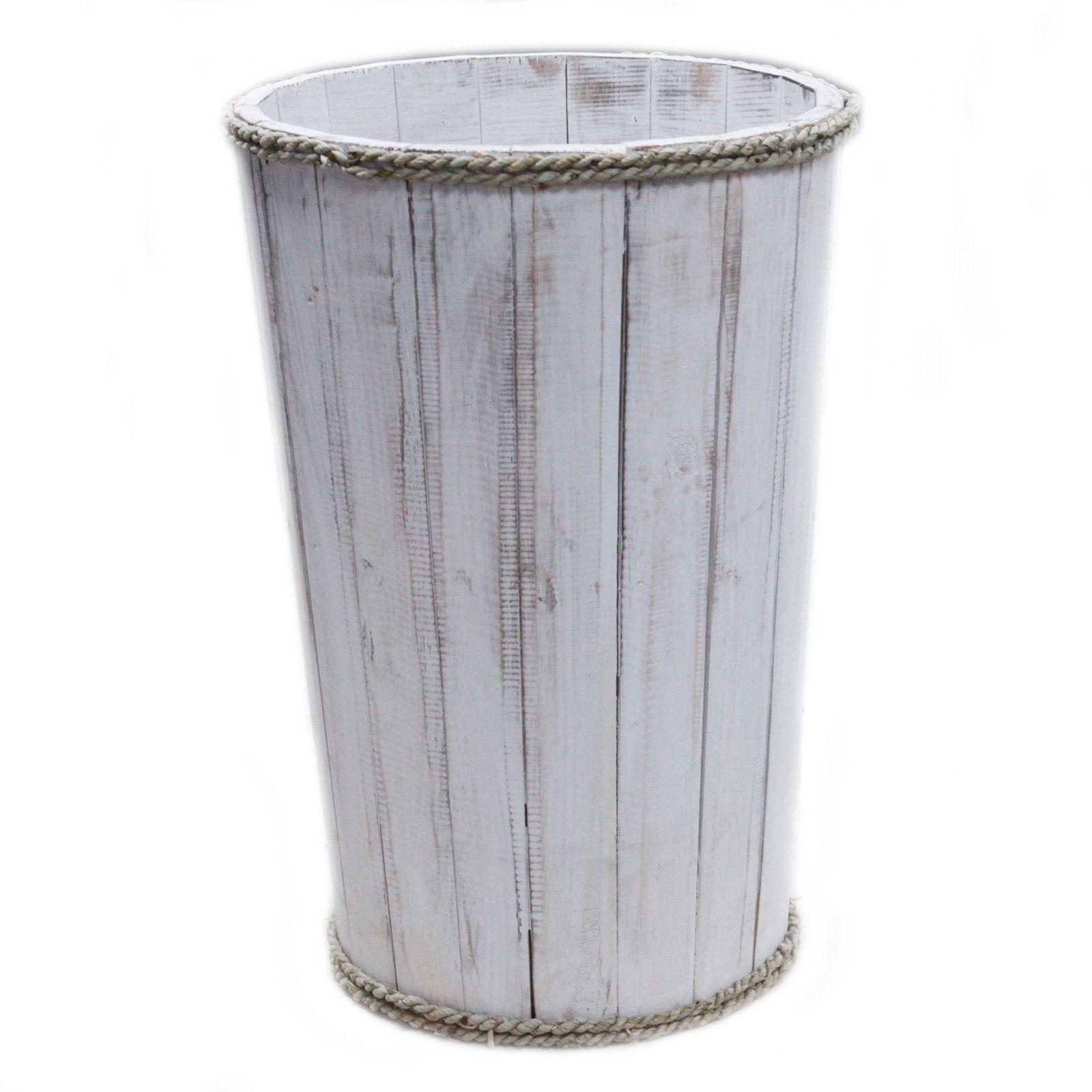 Large whitewash wooden storage tub with rope trim around the rim and base, on a white background