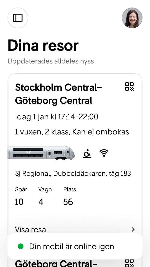När enheten får kontakt med nätverket igen visar vi en snackbar i 6 sekunder.