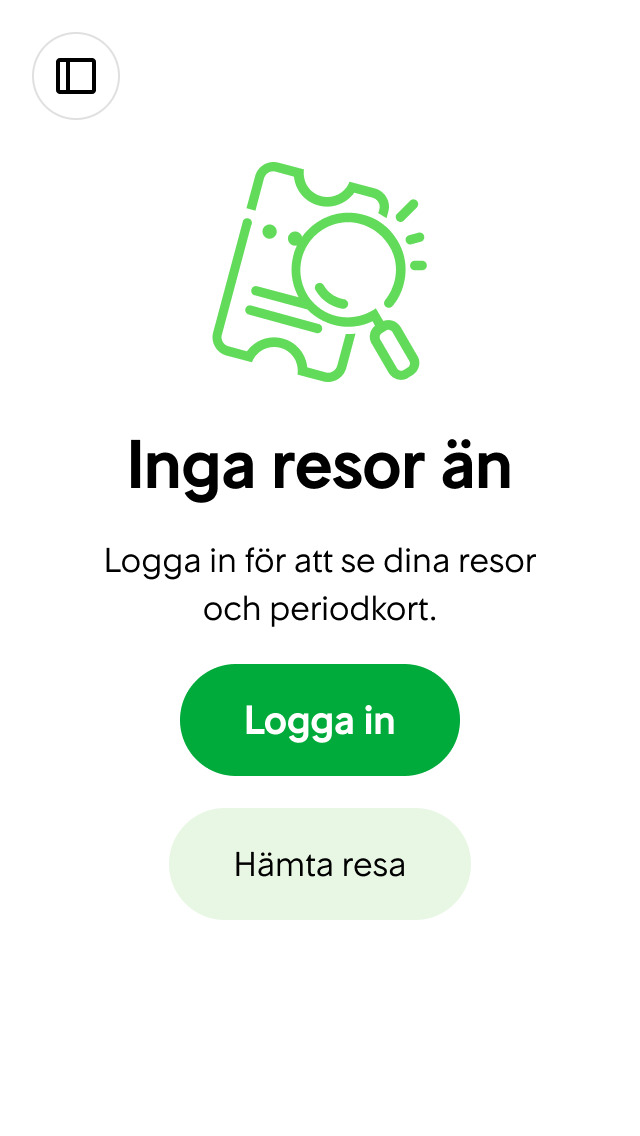 Användaren går in på Dina resor-sidan utan att ha loggat in eller hämtat några resor med bokningsnummer.