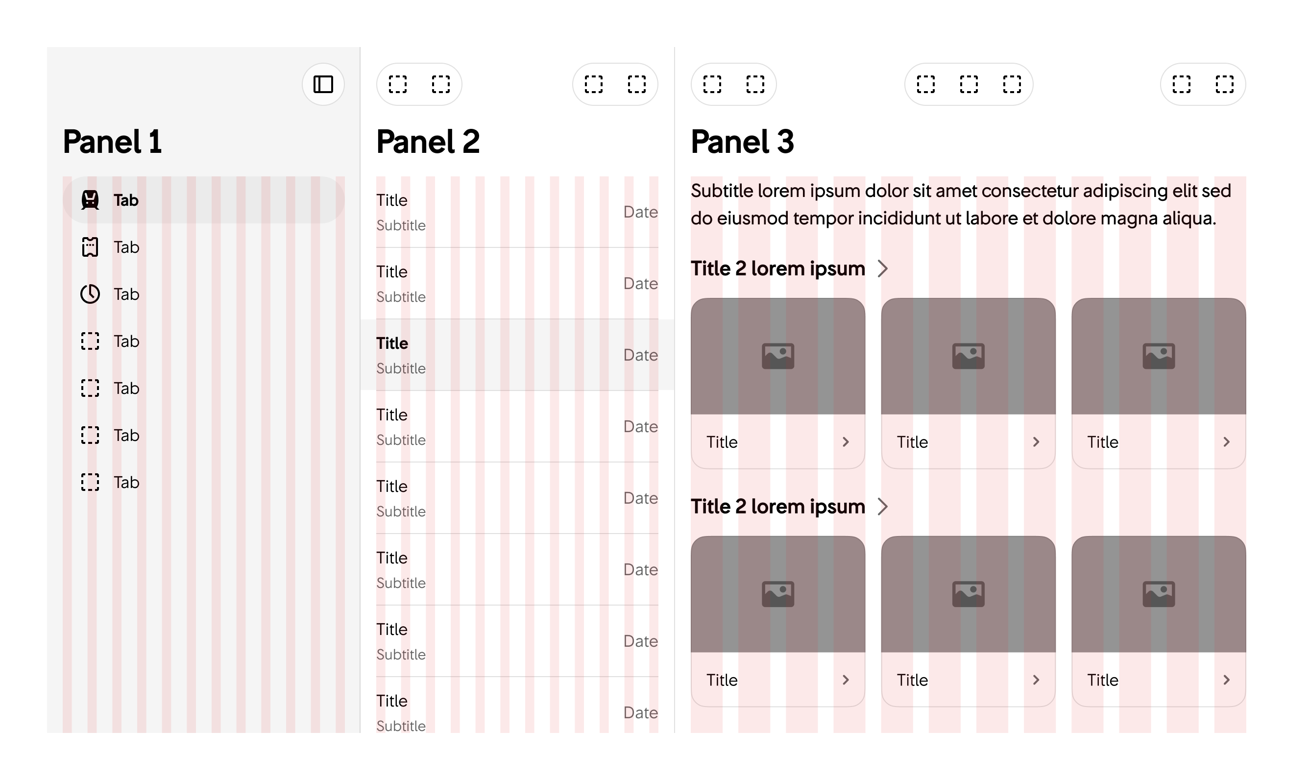Exempel på angränsande ytor, Panel för navigation, lista respektive detaljer