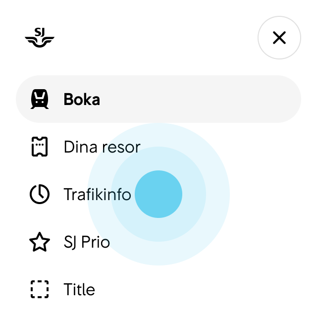 2. En Sidebar öppnas. Sidebaren visar alla huvudingångar. Användaren trycker på SJ Prio.