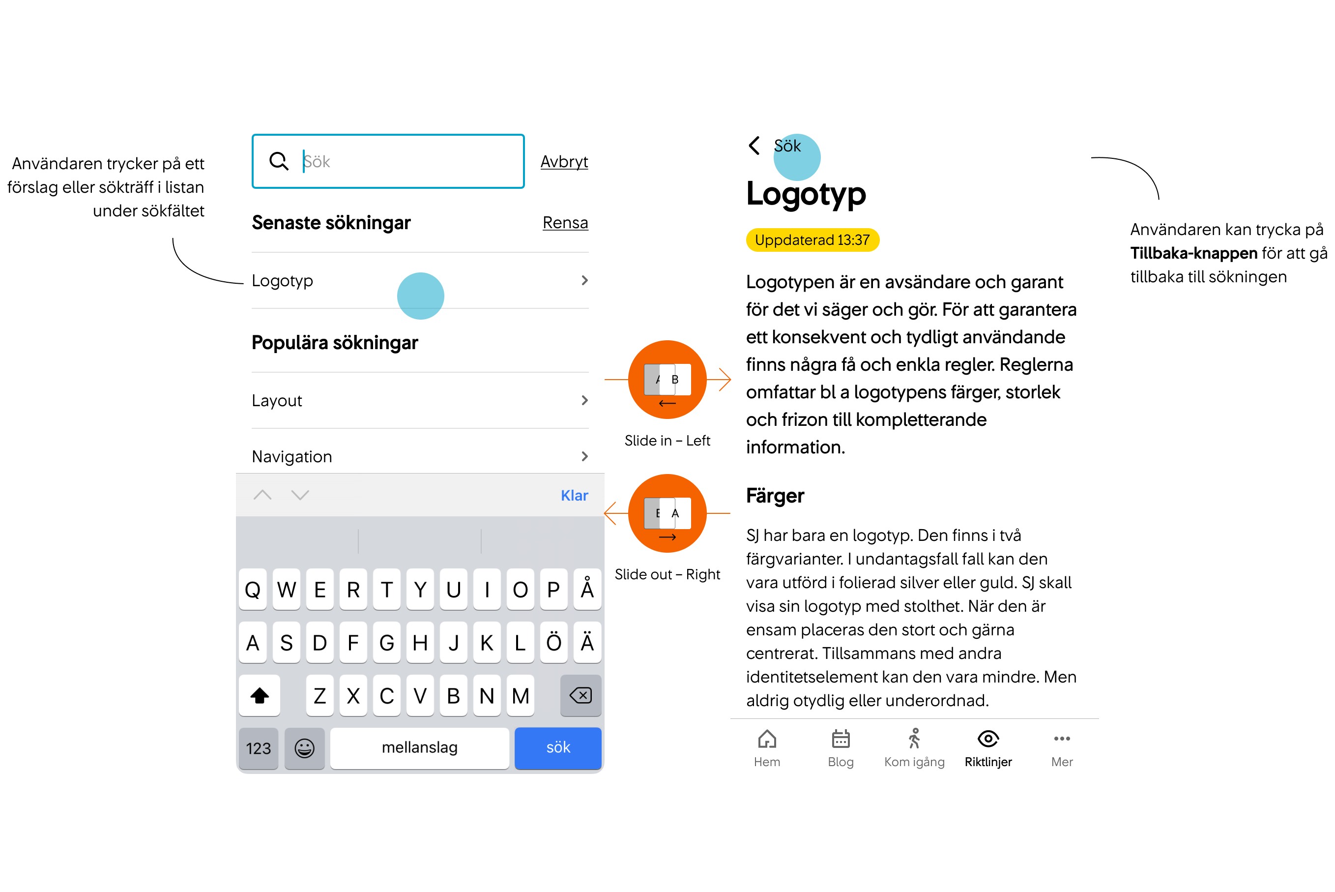 Användaren trycker på ett förslag eller sökträff i listan under sökfältet.