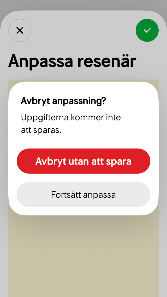 Användaren stänger Anpassa resenär-modalen med osparade ändringar.