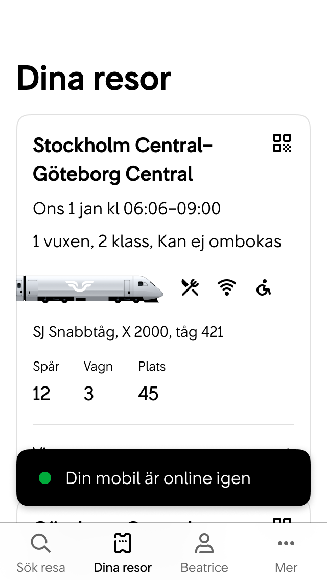 När enheten får kontakt med nätverket igen visar vi en snackbar i 6 sekunder.