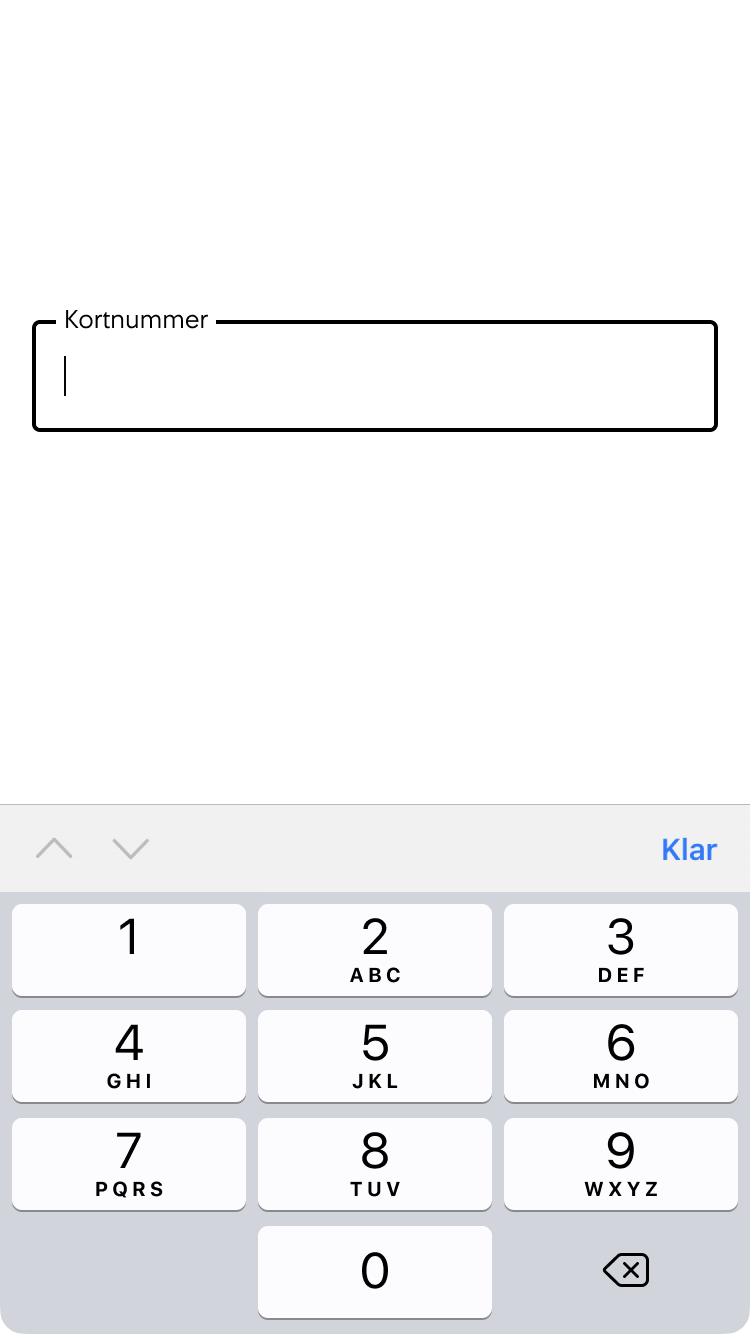 2. Inmatningsfältet för betalkort får fokus, markören blinkar och ett numeriskt tangentbord visas.