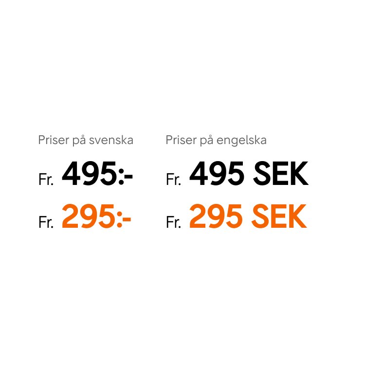 Frånpriser och sista minuten på svenska respektive engelska i olika storlekar. Bra hierarki mellan Fr., siffror och :-/SEK.