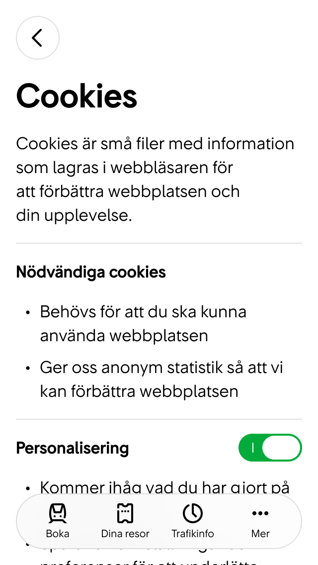 2. Här kan användaren ändra inställningar för cookies.