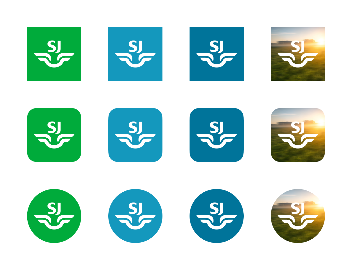 Exempel på SJ-logotyper som antingen är kvadratiska eller runda.